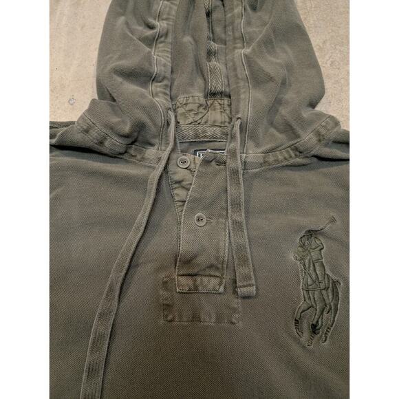 VTG Polo Ralph Lauren Hoodie Big Pony Mens S Army Green Henley Elbow Pads - Picture 3 of 9